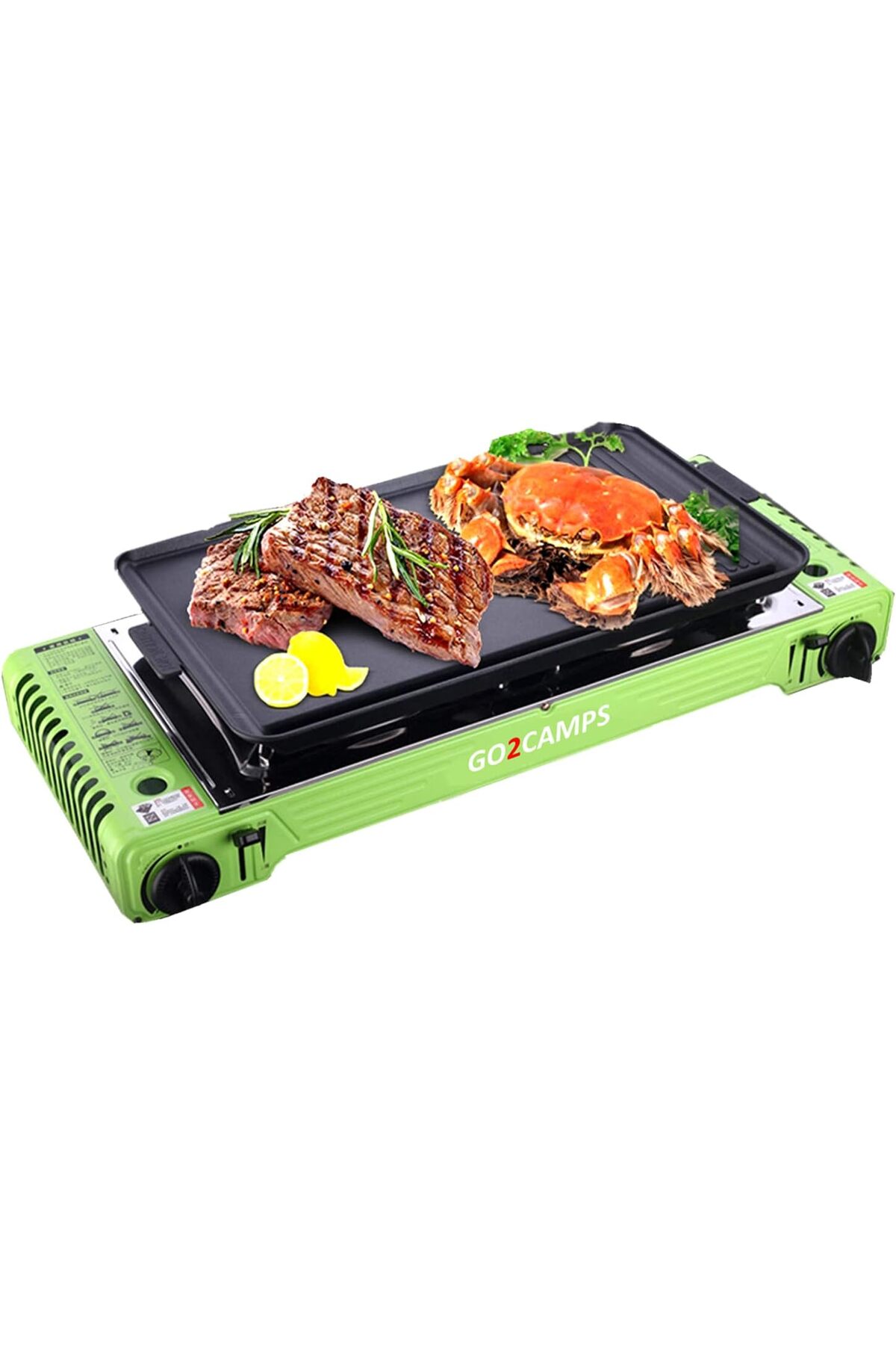 Go2Camps Korean Style Double Burner Butane Camping Stove with BBQ Grill Hotplate