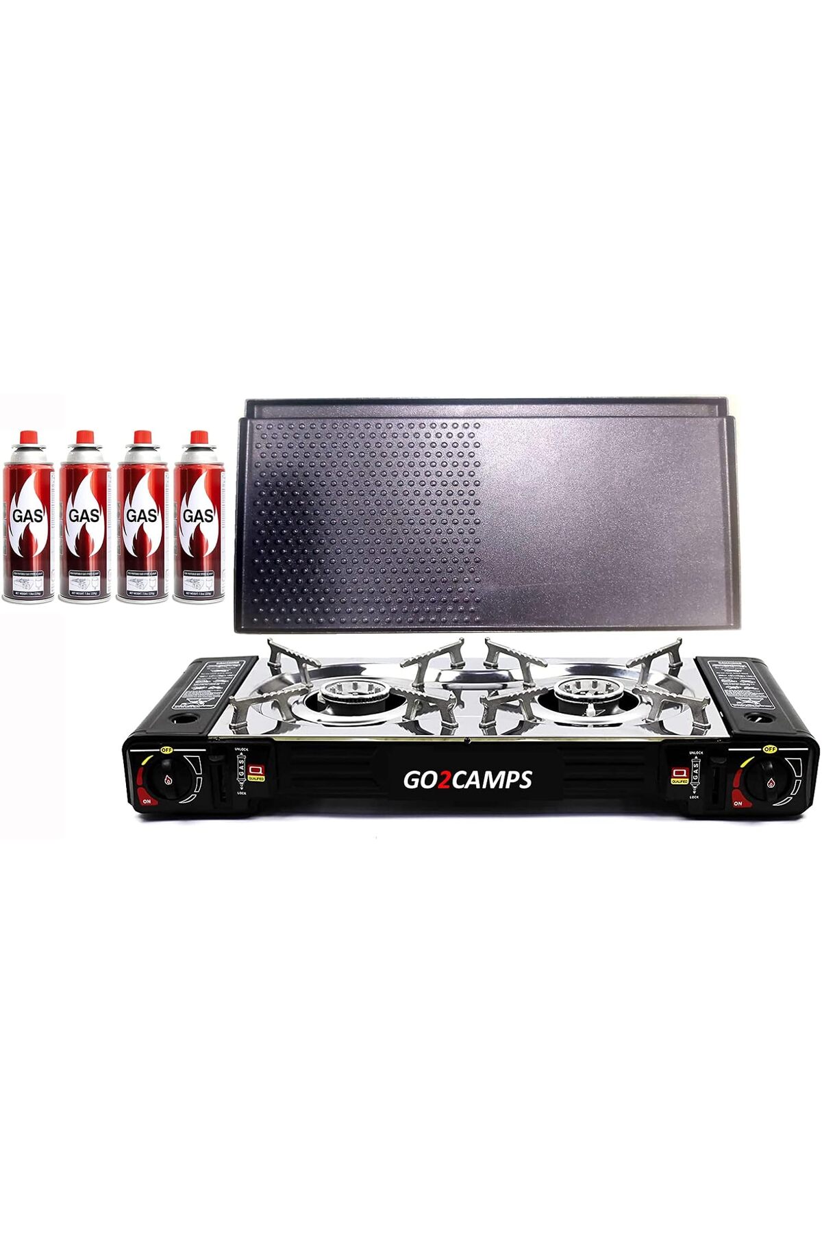 GO2CAMPS Double Burner Butane Camping Stove with BBQ Grill Tray Caston Hotplate HumBurger and Set of