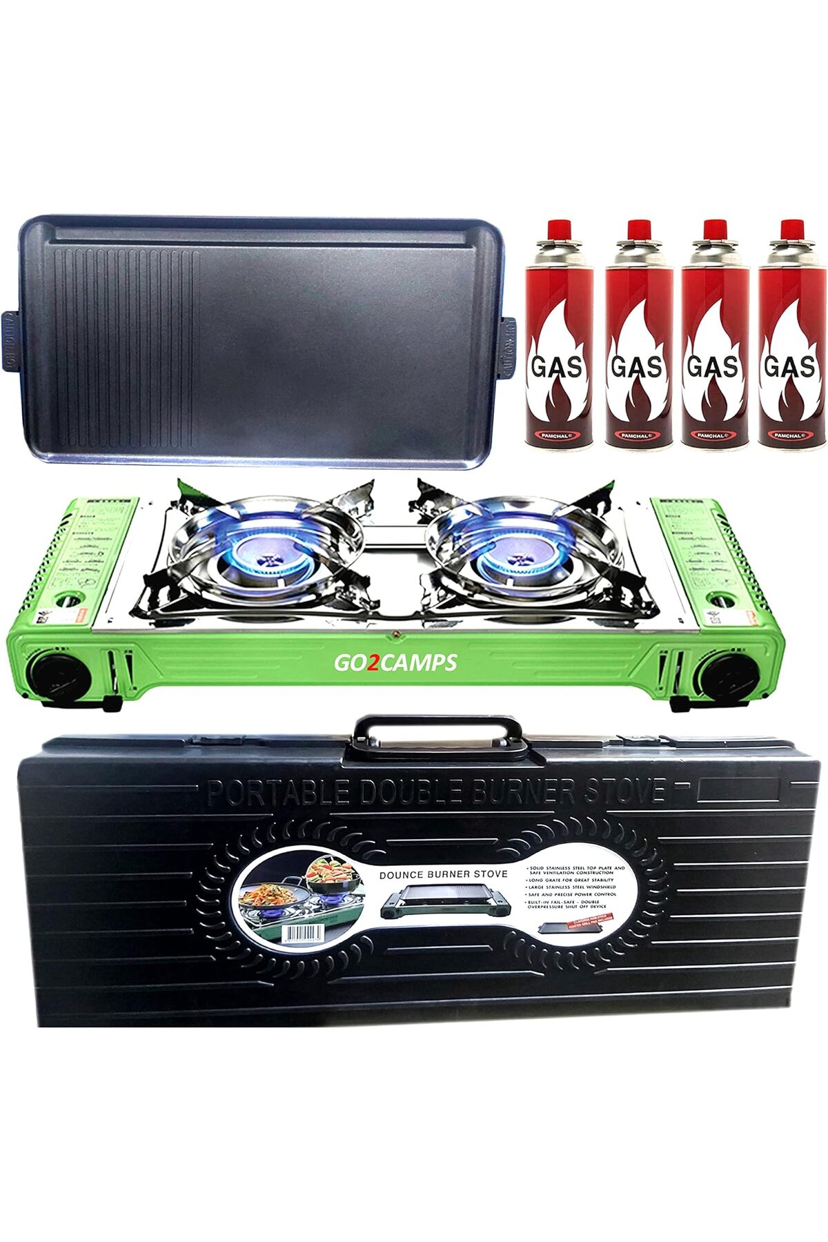 Go2Camps Korean Double Burner Butane Camping Stove With BBQ Grill Tray