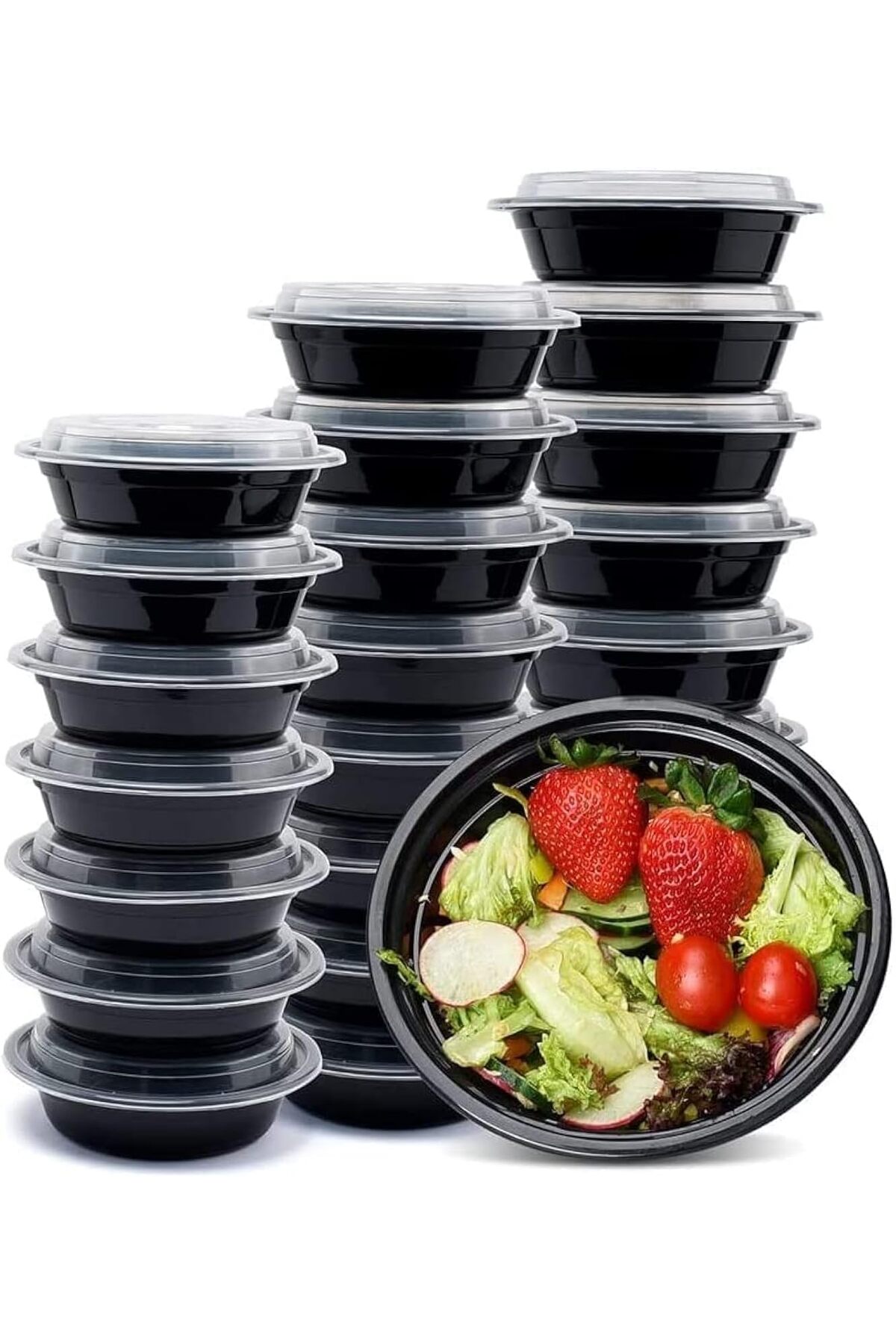 [150 Pack] Compartment Round Black Base with Lids Food Storage Container (32 oz) RO 32-Full Carton |