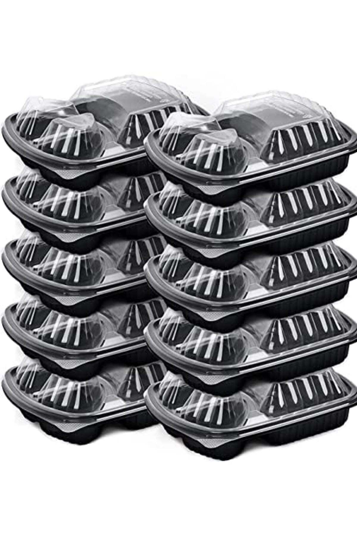 [150 Pack] 3 Section Black Base with Lids Food Storage Container Full Carton | Disposable Fo