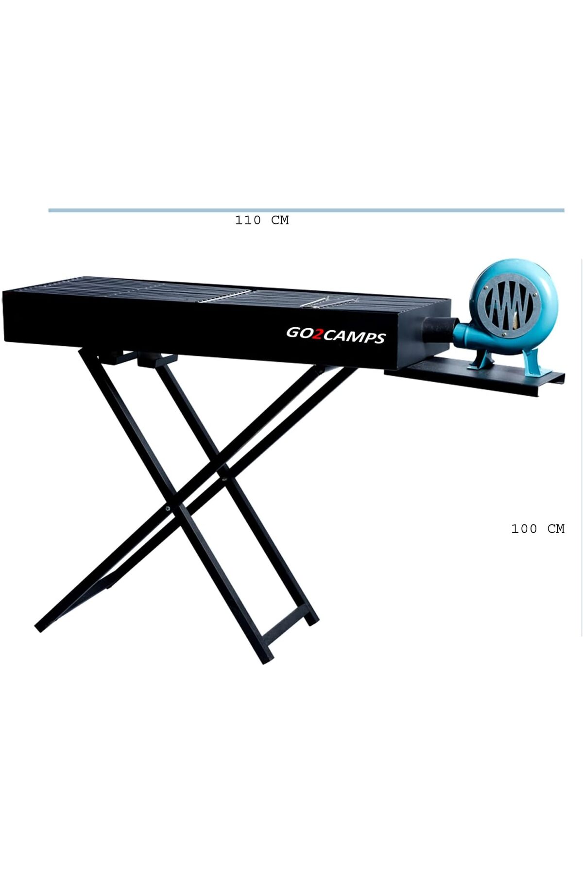 Go2Camps Barbeque Grill with Blower Fan-BBQ X Shape Stand Hand Fan 110 CM - X-LARGE BLACK